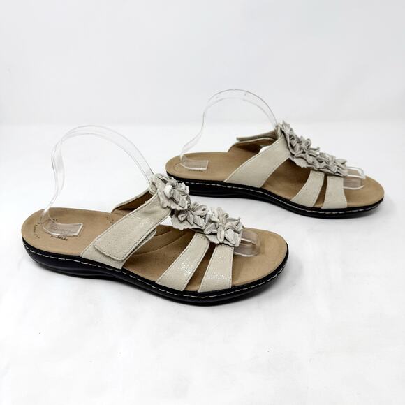 Clarks Shoes - [Clarks] Cream Tan Leather Laurieann Judi Floral Comfort Sandals Hook & Loop 9